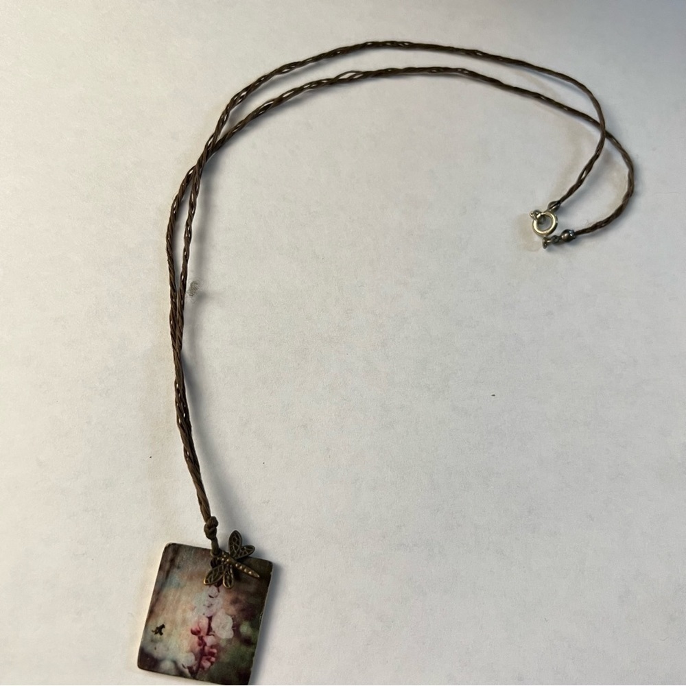 Fashion Necklace Abstract Floral Wood Rectangle Dragonfly Brown Braided Twine